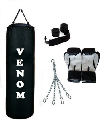

Venom 6.0 Feet Long, CANVAS Material, BLACK Color, Unfilled with Hanging Chain with 9 Feet Long Black Color Hand Wraps Pair & Boxing Gloves Pair Boxing Kit
