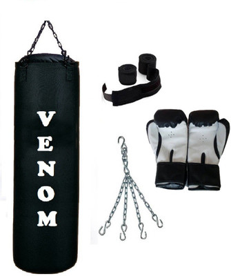 

Venom 8.0 Feet Long, CANVAS Material, BLACK Color, Unfilled with Hanging Chain with 9 Feet Long Black Color Hand Wraps Pair & Boxing Gloves Pair Boxing Kit