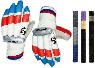 

SG combo of Two- One Pair of 'Optipro' Batting gloves (Right Handed) (Youth) and 3 Cricket Bat Grips (Color on availability)- Cricket Kit