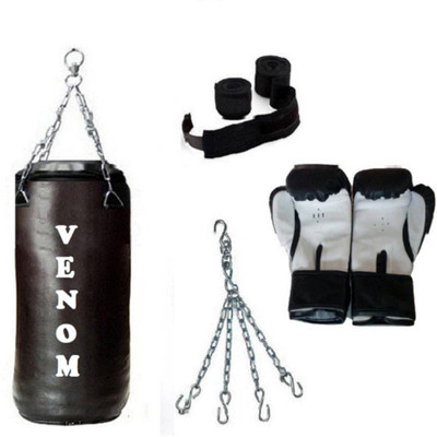 

Venom 4.5 Feet Long, SRF - ECONOMIC Material, Black Color, Unfilled with Hanging Chain with 9 Feet Long Black Color Hand Wraps Pair & Boxing Gloves Pair Boxing Kit
