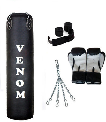 

Venom 7.5 Feet Long, P.U Material, BLACK Color, Unfilled with Hanging Chain with 9 Feet Long Black Color Hand Wraps Pair & Boxing Gloves Pair Boxing Kit