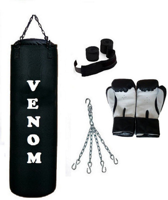 

Venom 5.5 Feet Long, CANVAS Material, BLACK Color, Unfilled with Hanging Chain with 9 Feet Long Black Color Hand Wraps Pair & Boxing Gloves Pair Boxing Kit