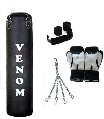 

Venom 6.5 Feet Long, P.U Material, BLACK Color, Unfilled with Hanging Chain with 9 Feet Long Black Color Hand Wraps Pair & Boxing Gloves Pair Boxing Kit