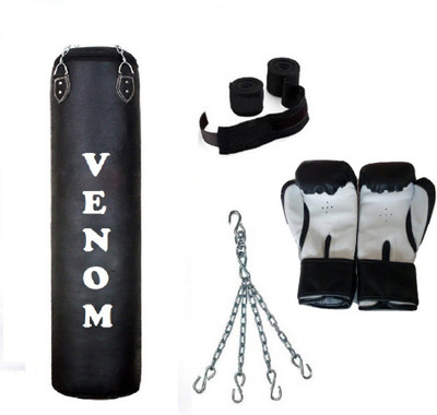 

Venom 2.0 Feet Long, P.U Material, BLACK Color, Unfilled with Hanging Chain with 9 Feet Long Black Color Hand Wraps Pair & Boxing Gloves Pair Boxing Kit