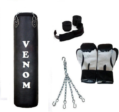 

Venom 4.0 Feet Long, P.U Material, BLACK Color, Unfilled with Hanging Chain with 9 Feet Long Black Color Hand Wraps Pair & Boxing Gloves Pair Boxing Kit