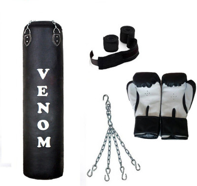 

Venom 1.5 Feet Long, P.U Material, BLACK Color, Unfilled with Hanging Chain with 9 Feet Long Black Color Hand Wraps Pair & Boxing Gloves Pair Boxing Kit