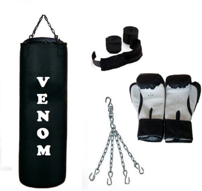 

Venom 3.0 Feet Long, CANVAS Material, BLACK Color, Unfilled with Hanging Chain with 9 Feet Long Black Color Hand Wraps Pair & Boxing Gloves Pair Boxing Kit