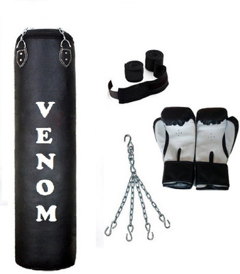 

Venom 7.0 Feet Long, P.U Material, BLACK Color, Unfilled with Hanging Chain with 9 Feet Long Black Color Hand Wraps Pair & Boxing Gloves Pair Boxing Kit