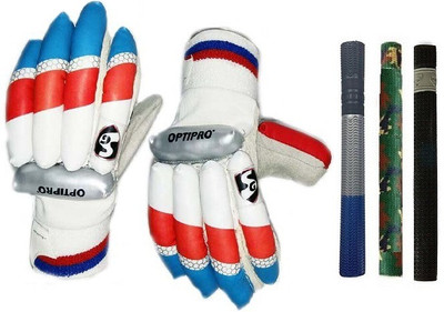 

SG combo of Two- One Pair of 'Optipro' Batting gloves (Right handed) (Men's) and 3 Cricket Bat Grips (Color on availability)- Cricket Kit
