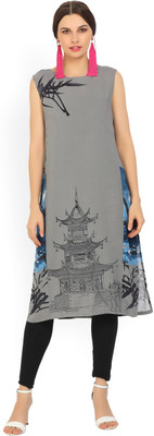 W Women Printed Straight Kurta(Grey)