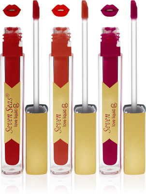 

Seven 7 seas cosmetics makeup 24 h long lasting love matte liquid lipstick kiss proff non transfer combo set of 3 color(orange,falsa,red, 24 ml)