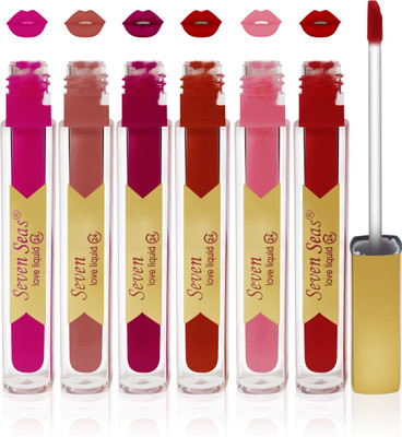 

Seven 7 seas cosmetics makeup 24 h long lasting love matte liquid lipstick kiss proff non transfer combo set of 6 color(pink,d orange,falsa,skin brown,purple,red)