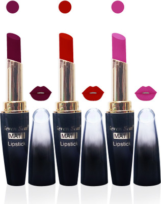 

seven seas cosmetics makeup 4g matte lipstick combo set of 3 color(red,l pink,d pink, 15 ml)