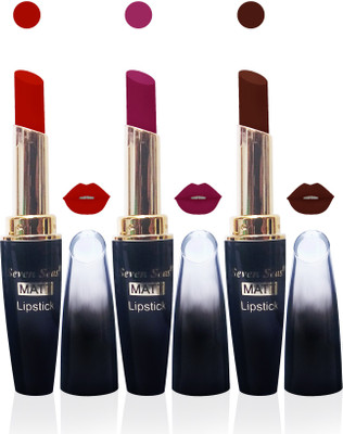 

seven seas cosmetics makeup 4g matte lipstick combo set of 3 color(red,brown,d pink, 15 ml)