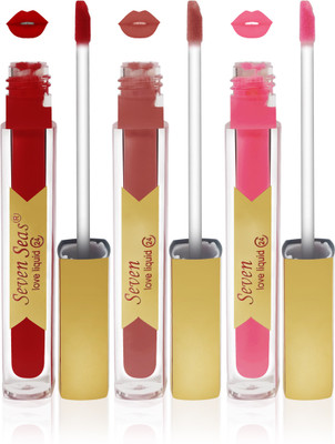 

Seven cosmetics makeup 24 h long lasting love matte liquid lipstick kiss proff non transfer combo set of 3 color(skin brown,l pink,red, 24 ml)