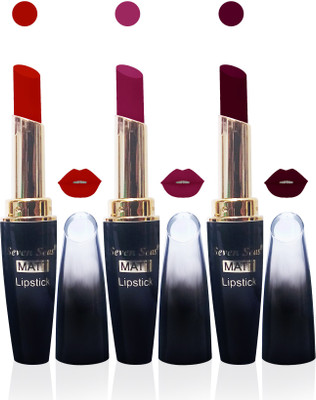 

seven seas cosmetics makeup 4g matte lipstick combo set of 3 color(red,maroon,yellet)