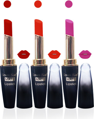 

seven seas cosmetics makeup 4g matte lipstick combo set of 3 color(red,orange,l pink, 15 ml)