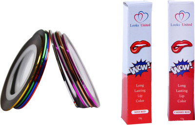 

Looks United 10 Nail Art Striping Tape Rolls With 2 Peel Off Mask Lip Colors(Cherry Red/ Sexy Red)