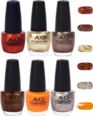 

AQ Fashion Funky Vibrant Range of Colors Nail polish Shimmer Maroon,Lemon,Dark Grey,Chocolaty Brown,Turmeric Yellow,Silver(Pack of 6)