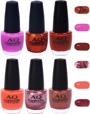 

AQ Fashion Funky Vibrant Range of Colors Nail polish Violet Purple,Copper,Maroon,Peach,Purple,Shimmer Nude(Pack of 6)