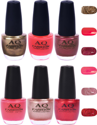 

AQ Fashion Funky Vibrant Range of Colors Nail polish Deep Golden,Pink,Purple,Sheer Pink,Pearl Pink,Shimmer Red(Pack of 6)