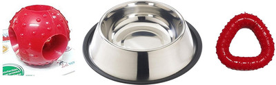 

Foodie Puppies Multi Utility Combo Kit for Dogs/Pets (900ml Stainless Steel Feeding Plain Bowl + Hole Dental Chew Toy + Triangular Chew Toy) Rubber, Steel Chew Toy For Dog