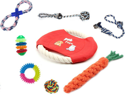 

Sri High Quality Colourful Cotton Rope Chewing Knots | Frisbee | Carrot | Toys For Puppy & Cats - Pack Of 8 Cotton Chew Toy For Dog & Cat