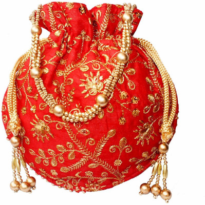

Bagaholics Ethnic Clutch Silk Potli Batwa Pouch Bag with Metal Beadwork Gift For Women Potli(Red)