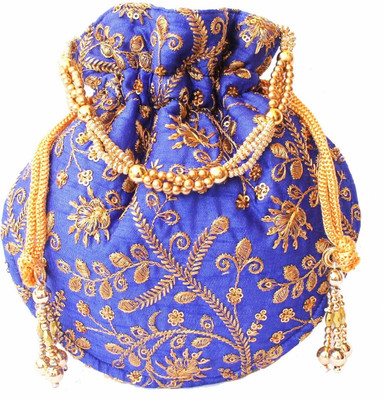 

Bagaholics Ethnic Clutch Silk Potli Batwa Pouch Bag with Metal Beadwork Gift For Women Potli(Blue)