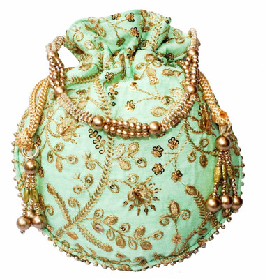 

Bagaholics Ethnic Clutch Silk Potli Batwa Pouch Bag with Metal Beadwork Gift For Women Potli(Green)