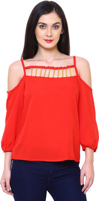 Aditii's Mantra Casual Cold Shoulder Solid Women Red Top