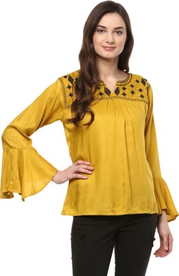 MAYRA Casual Bell Sleeve Embroidered Women Yellow Top