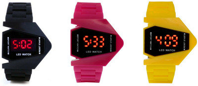 

SP Airkraft Shape LED Black+Pink+Yellow Color Combo of 3 Watch - For Boys & Girls