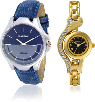 

Wanton WT01P03 gold diamond studded watch with blue leather strap exclusive combo watch for couple men and women Watch - For Boys & Girls