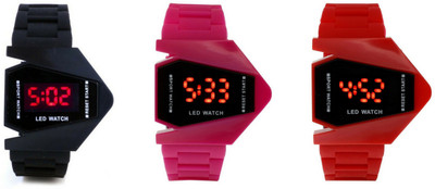 

SP Airkraft Shape LED Black+Pink+Red Color Combo of 3 Watch - For Boys & Girls