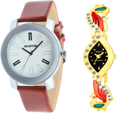 

Wanton WT01P13 gold kundan peacock with brown leather strap silver bare case FSTK combo watch for couple men and women Watch - For Boys & Girls