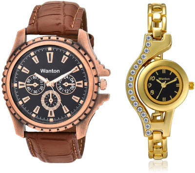 

Wanton WT01P02 golden diamond studded watch with brown chronograph pattern stylish combo watch for couple men and women Watch - For Boys & Girls