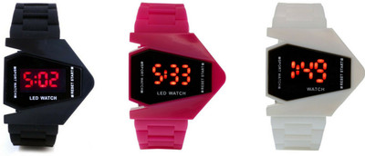 

SP Airkraft Shape LED Black+Pink+White Color Combo of 3 Watch - For Boys & Girls