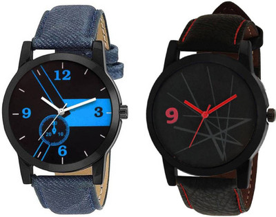 

Rage Enterprise New Stylish Black_Blue Leather Strap Set Of 2 Boys Watch - For Men