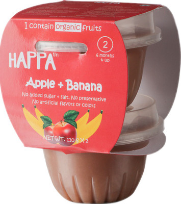 

happa Organic Apple + Banana Puree, Baby food for 6 months+, Stage-2, 110 g Tub, 2 Count Cereal(220 g, Pack of 2, 6+ Months)