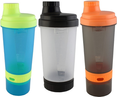 

Premsons Plastics Super Shaker small with storage and pill organizer Set Of 3 600 ml Shaker(Pack of 3, Multicolor), Blue;grey;orange
