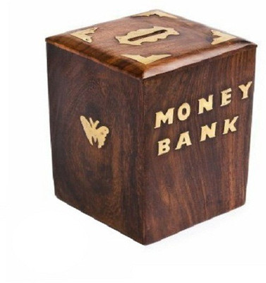 

Worthy Fancy Shoppee Handicrafted Wooden Money Bank - Large Piggy Bank-Hom decor coin box for kids and adults(10x10x16cm) Coin Bank(Brown)