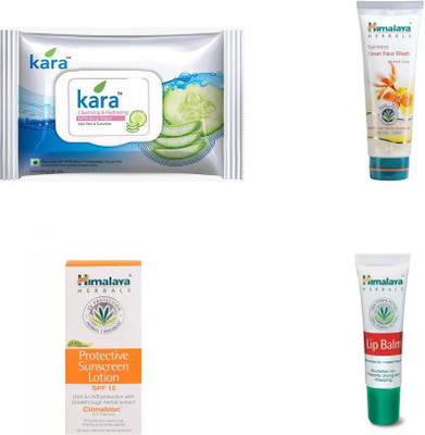 

Himalaya fairness kesar face wash, sunscreen lotion, lip balm, kara skin care wipes(Set of 4)