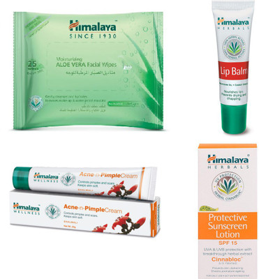 

Himalaya Aloe Vera Facial Wipes, Pimple Cream, Lip Balm, Protective Suncreen Lotion(Set of 4)