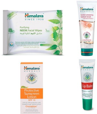 

Himalaya Purifying Neem Facial Wipes, Gentle Exfoliating Apricot Scrub, Lip Balm, Protective Sunscreen Lotion(Set of 4)