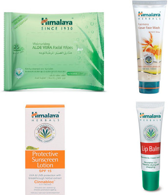 

Himalaya Aloe Vera Facial Wipes, Fairness Kesar Face Wash, Protective Suncreen Lotion, Lip Balm(Set of 4)