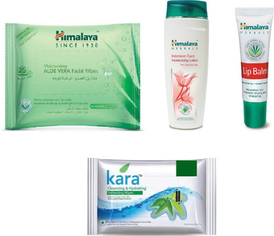 

Himalaya Aloe Vera Facial Wipes, Intensive Face Moisturizing Lotion, Lip Balm, Kara Skin Care Wipes(Set of 4)