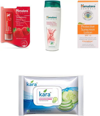 

Himalaya Strawberry Shine Lip Care, Intensive Face Moisturizing Lotion, Protective Sunscreen Lotion, kara skin care wipes(Set of 4)