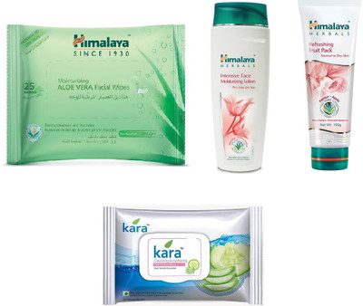 

Himalaya Aloe Vera Facial Wipes, Intensive Face Moisturizing Lotion, Refreshing Fruit Pack, Kara Skin Care Wipes(Set of 4)