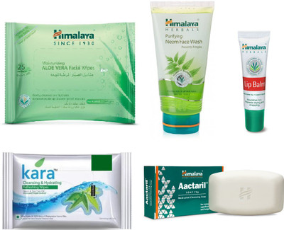 

Himalaya Aloe Vera Facial Wipes, Purifying Neem Face Wash, Lip Balm, Kara Skin Care Wipes, Aactaril Soap(Set of 5)